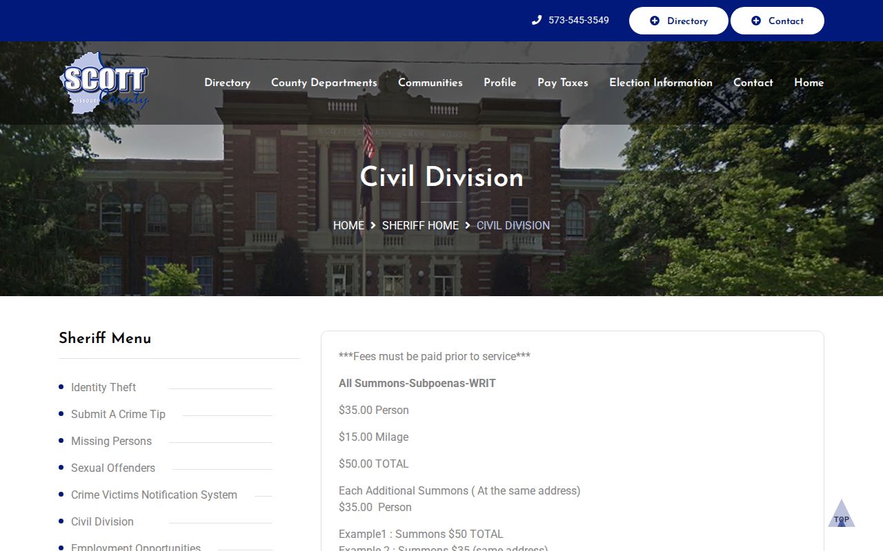 Scott County civil docket service information from the Civil Division