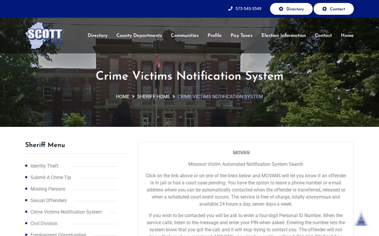 Scott County criminal docket notification information from the county MOVANS page
