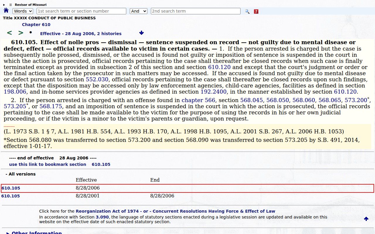Scott County criminal docket access reference for Missouri section 610.105